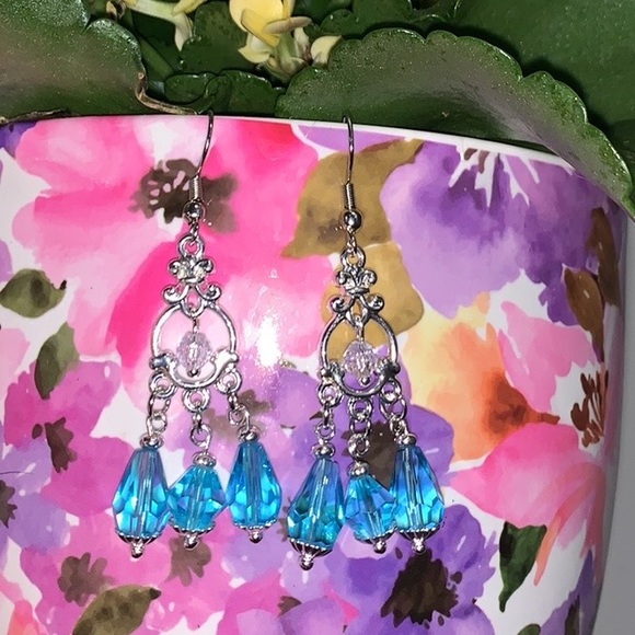 NEW, Silver 3*Tear Turquoise Crystals Drop Dangle Earrings Classic Fish Hooks - Picture 7 of 14